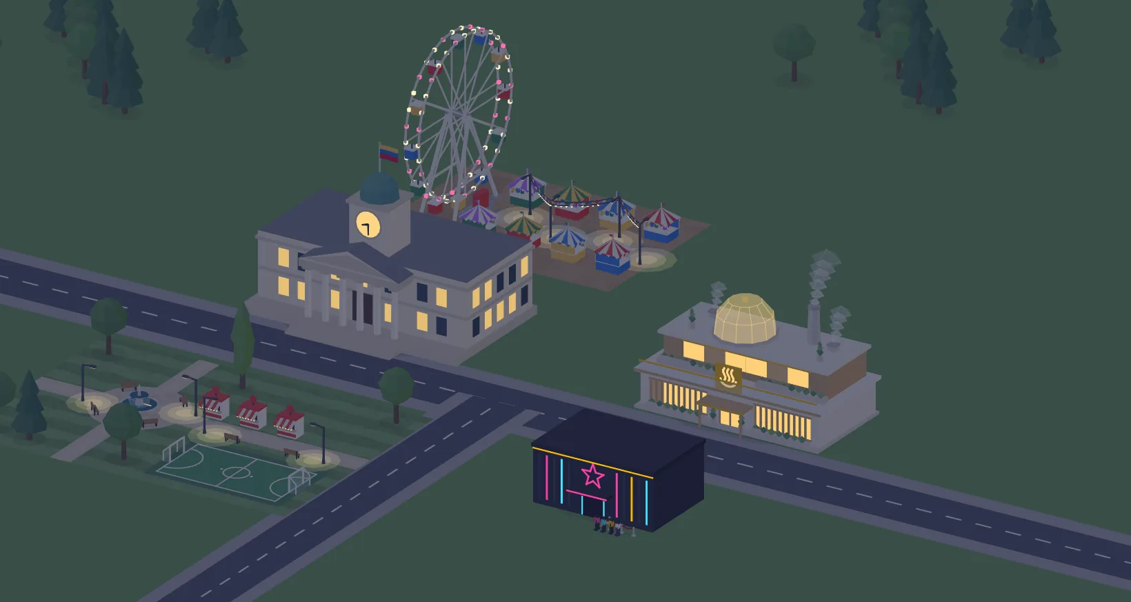La ciudad de noche: la alcaldía con su reloj, el parque con sus puestos, el SPA con su cúpula encendida, la discoteca de neón con su fila y la noria de la feria girando