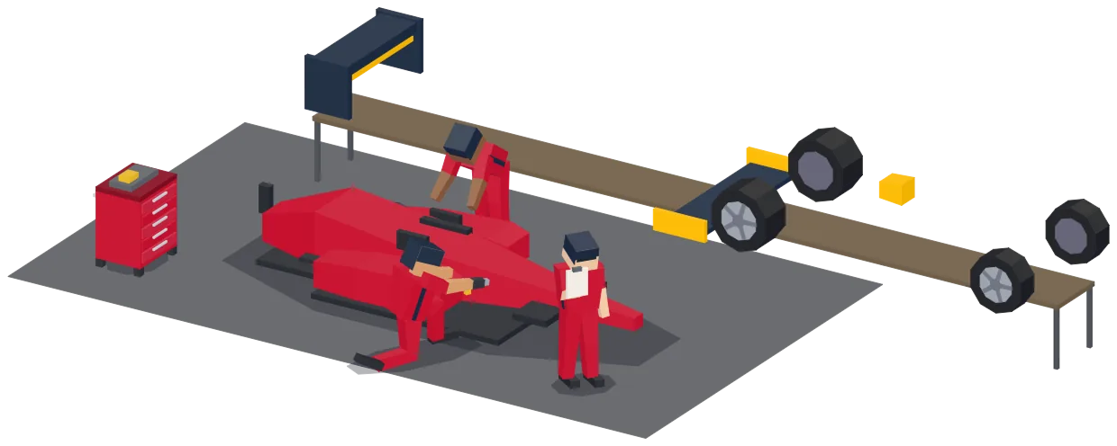 La fábrica: el auto del equipo a medio montar en el suelo del taller, con los mecánicos poniendo la pieza que toca y las que faltan en el banco