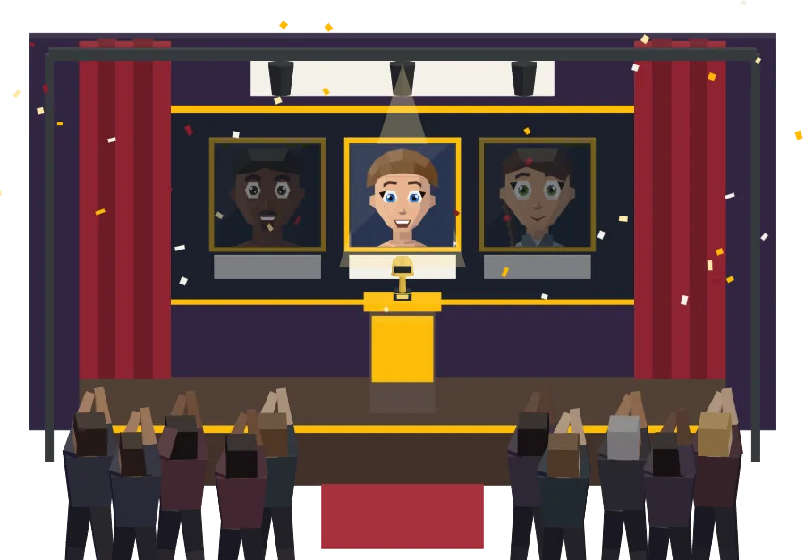 La gala de premios: tres nominados en la pantalla, un foco sobre el ganador y el público de pie aplaudiendo