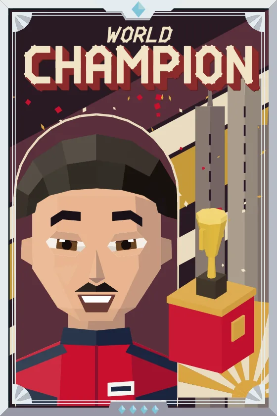 Póster «World Champion»: el retrato del piloto y el trofeo dorado, marco de platino