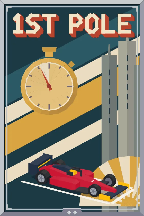 Póster «1st Pole»: el cronómetro y el auto solo en la primera casilla, marco de plata