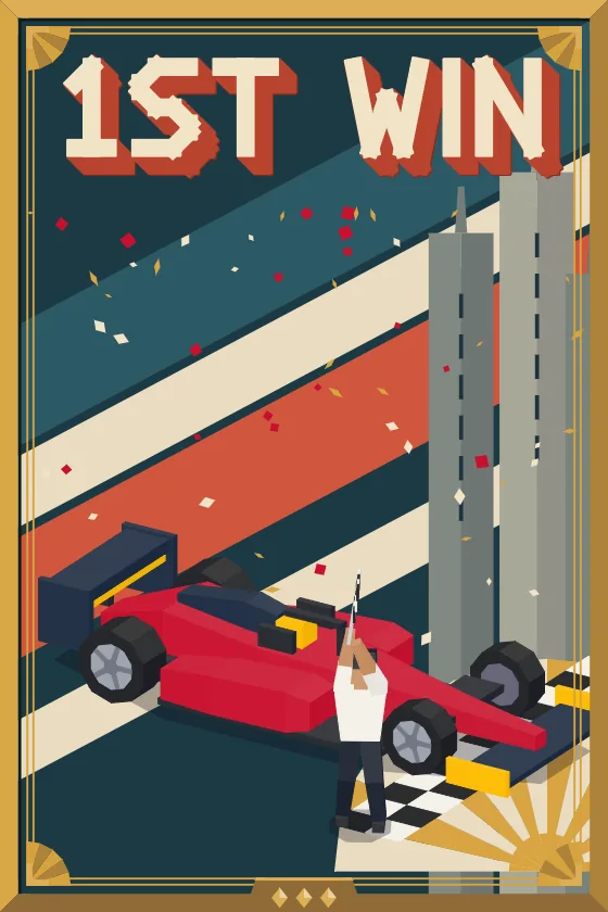 Póster «1st Win»: el auto del equipo cruzando la meta con la bandera a cuadros, marco de oro
